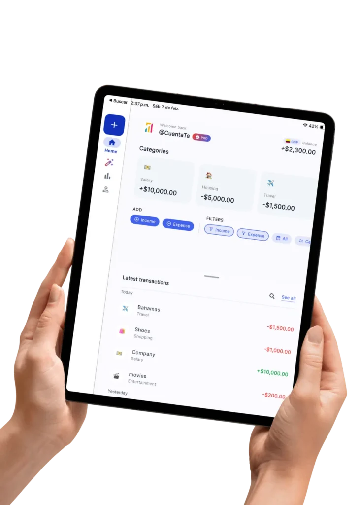 Panel de control de ingresos y egresos en la app de finanzas AI Money para Tablet y iPad