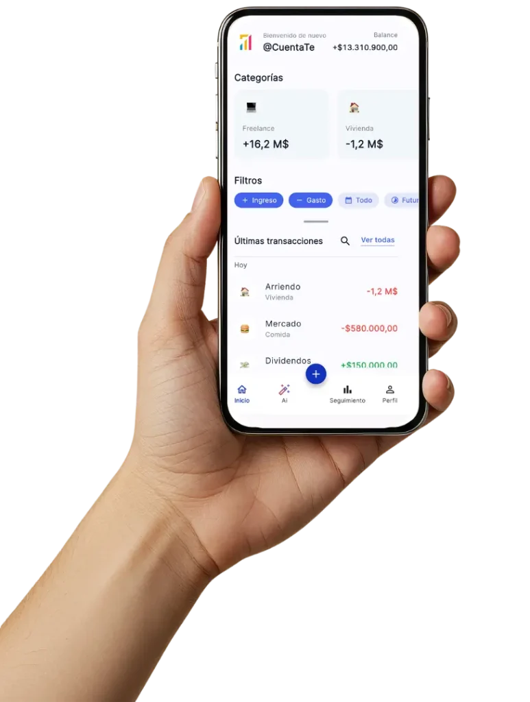 Hand holding iPhone displaying the AI Money personal finance app dashboard with balance summary, budget tracker categories, and recent transactions.