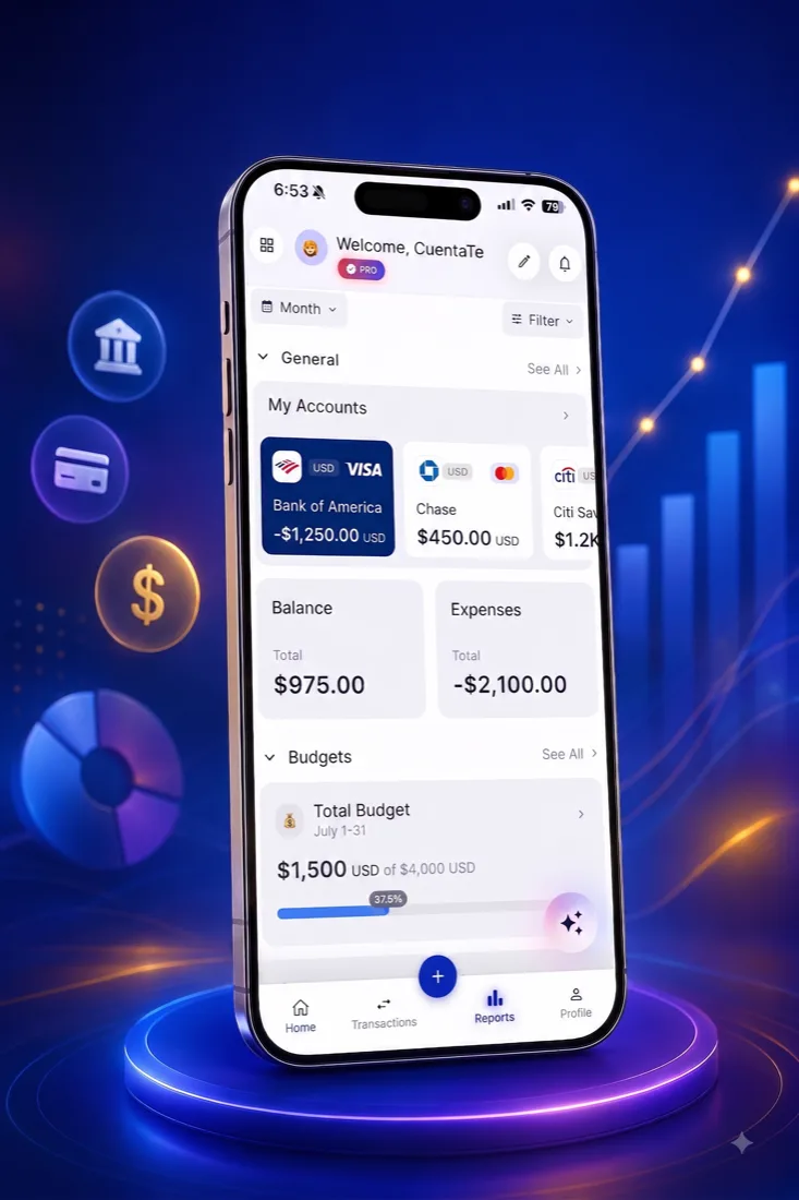 AI Money home screen showing accounts recognised from bank SMS, the month balance and the total budget, with no bank connection