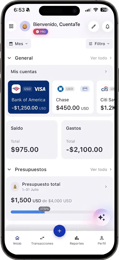 AI Money, una app de finanzas personales con IA, mostrando cuentas de Bank of America, Chase y Citi reconocidas automáticamente desde los SMS del banco
