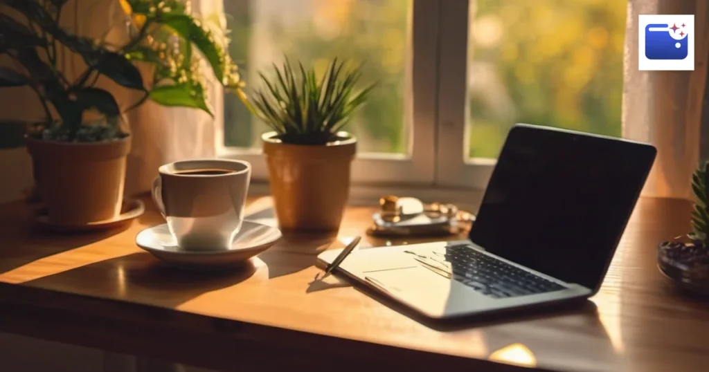 Melhores apps para autônomos no iPhone: mesa de trabalho com laptop e café ao amanhecer
