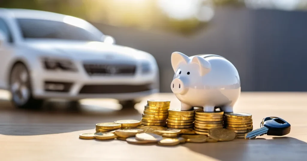 Ahorrar para comprar un carro: alcancía, llaves y monedas junto a un auto