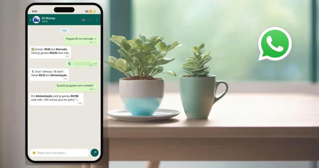 App AI Money para controlar gastos pelo WhatsApp: envie uma mensagem e o bot registra o gasto