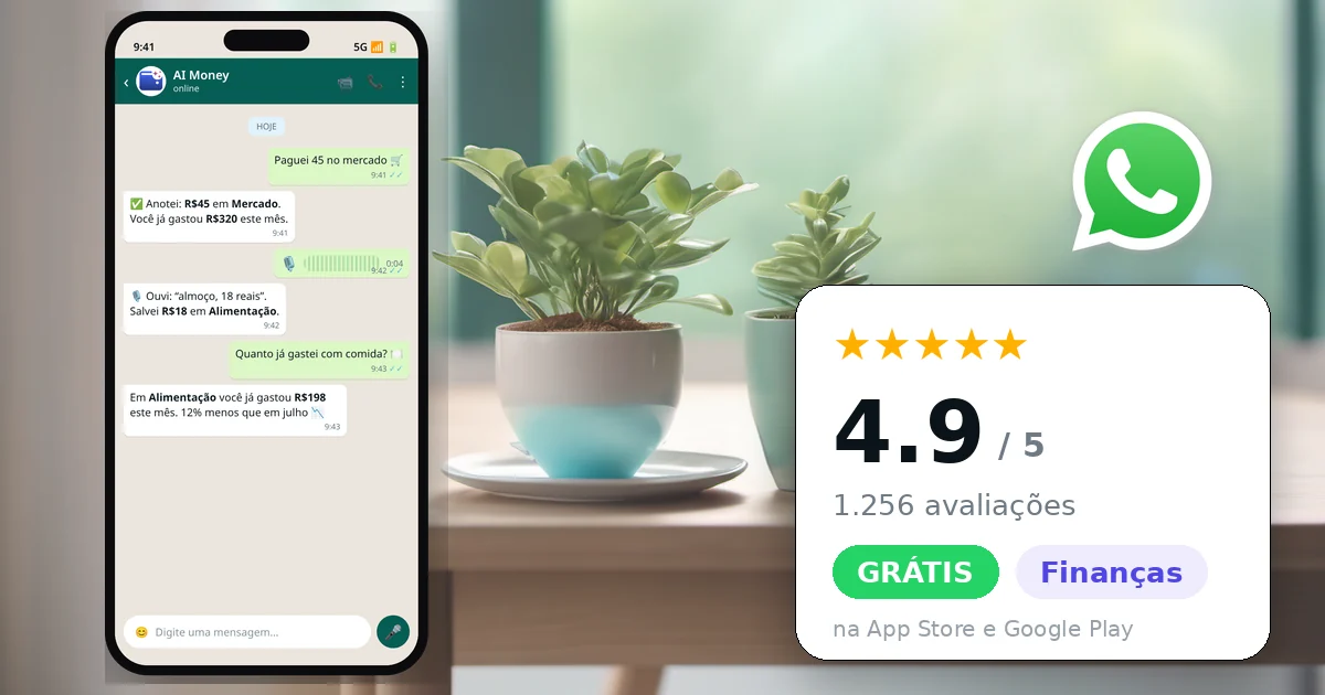 App AI Money para controlar gastos pelo WhatsApp: 4,9 estrelas, 1.256 avaliações, grátis, categoria Finanças
