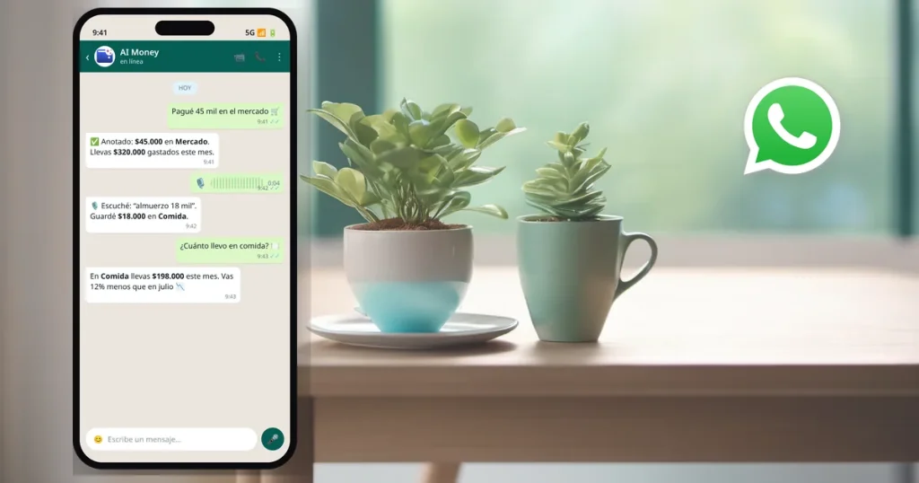 App AI Money para controlar gastos por WhatsApp: envías un mensaje y el bot registra el gasto