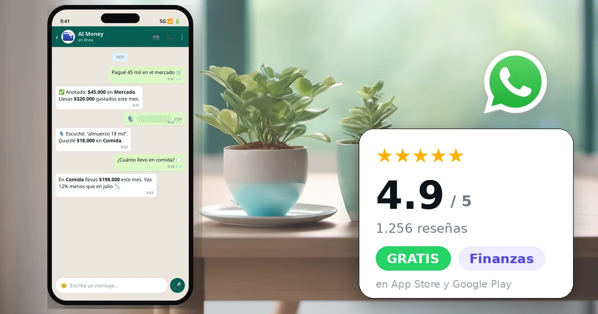 App AI Money para controlar gastos por WhatsApp: 4,9 estrellas, 1.256 reseñas, gratis, categoría Finanzas
