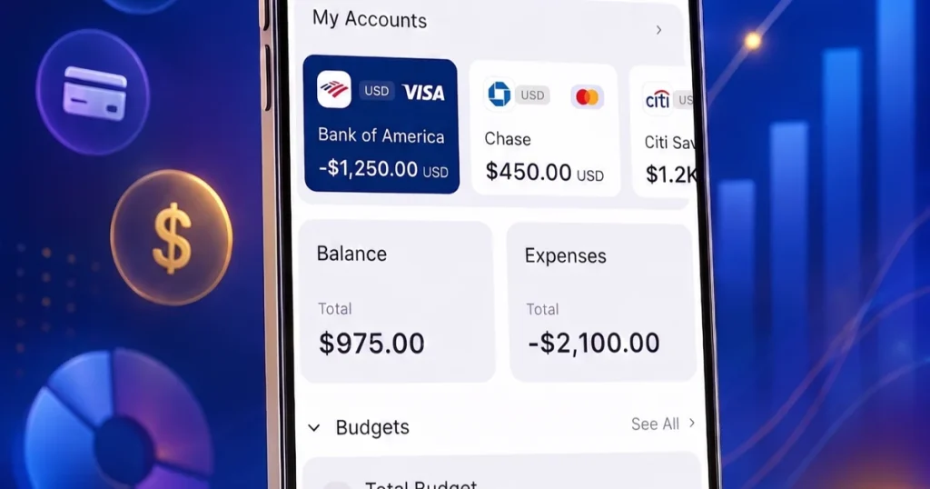Pantalla de AI Money mostrando el saldo total y las cuentas del usuario