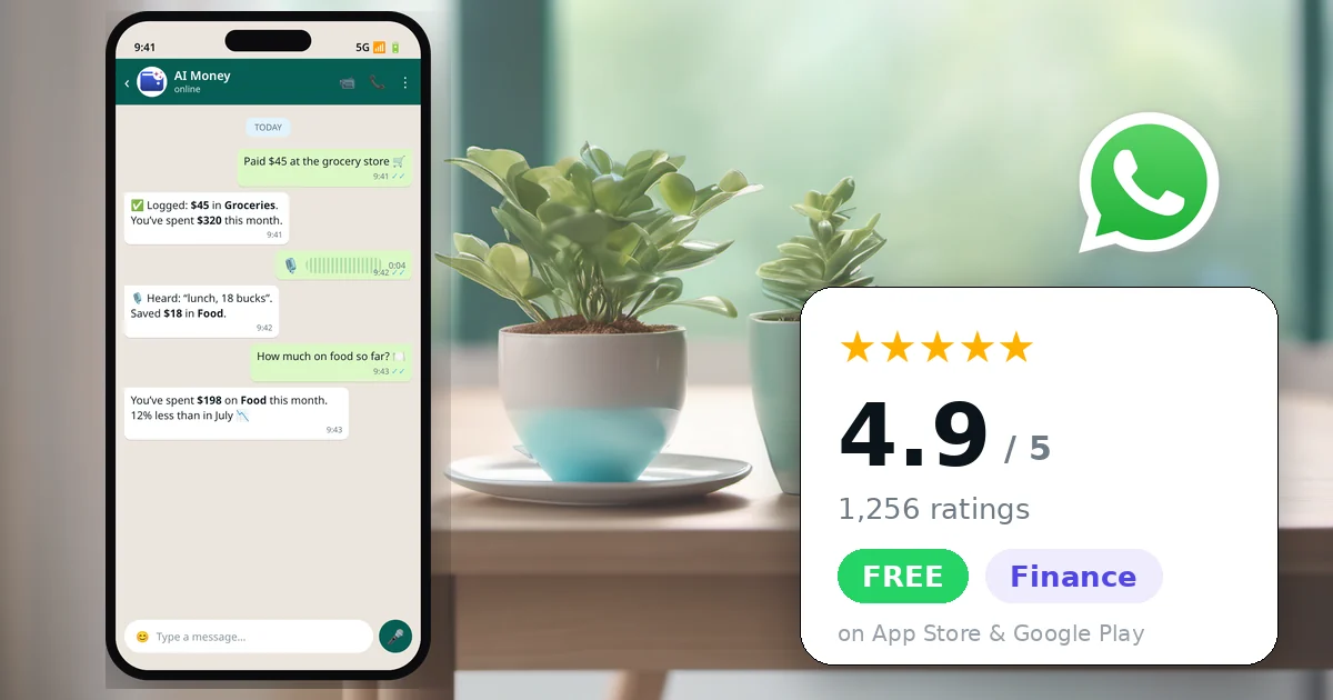 AI Money app to track expenses on WhatsApp: 4.9 stars, 1,256 ratings, free, Finance category