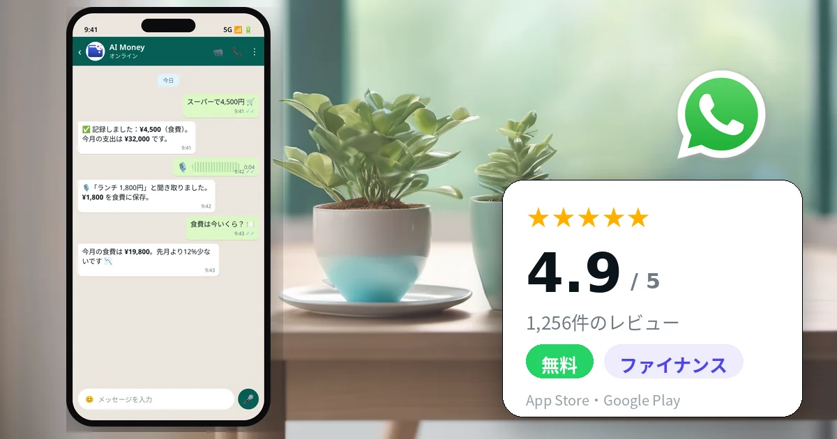 WhatsAppで支出管理できるAI Moneyアプリ：星4.9、1,256件のレビュー、無料、ファイナンス