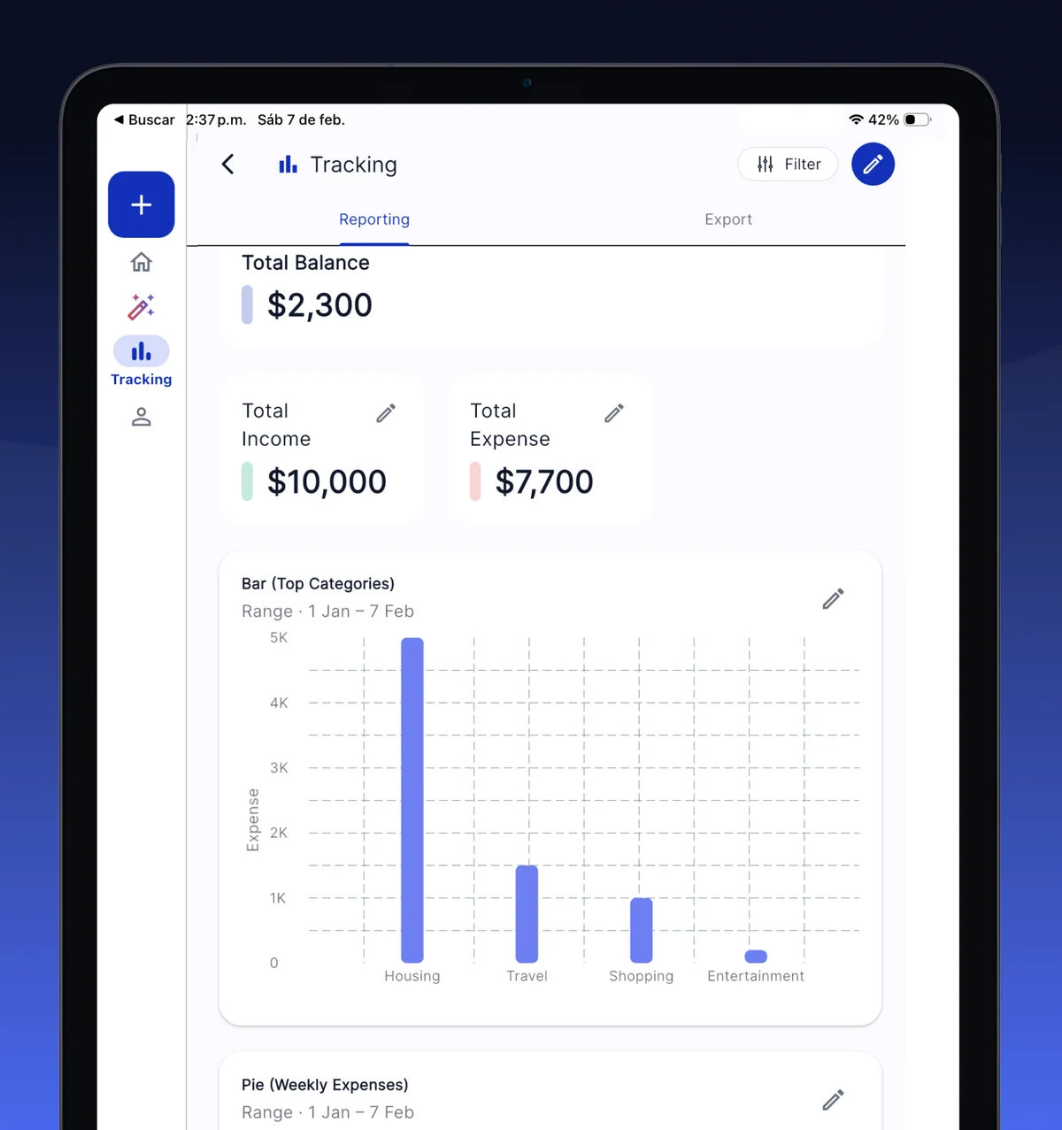 AI Money expense tracker app for iPad showing the reports screen with bar charts and a side navigation rail