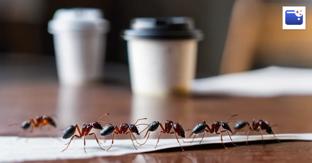 Gastos formiga: fila de formigas carregando moedas ao lado de um café, os pequenos gastos diários que pesam no fim do ano